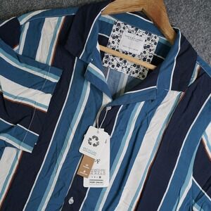 Denim & Flower Ricky Singh Mens XL Blue Striped Viscose Short Sleeve Camp Shirt